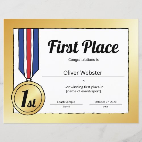 1st Place Certificate Sports Certificate