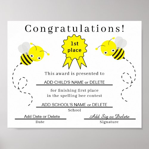 1st Place Spelling Bee Certificate for Kids Poster