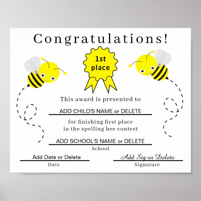 1st Place Spelling Bee Certificate for Kids Poster (Front)