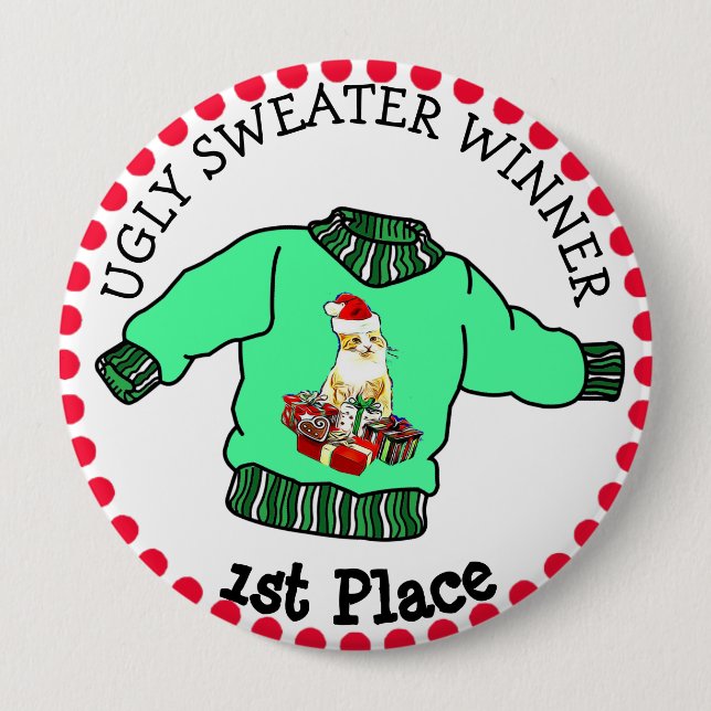 1st Place Ugly Sweater Winner Christmas Contest Pinback Button (Front)