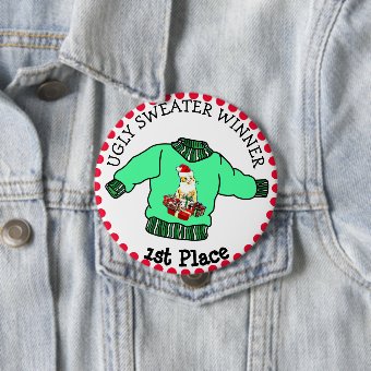 1st Place Ugly Sweater Winner Christmas Contest Pinback Button | Zazzle