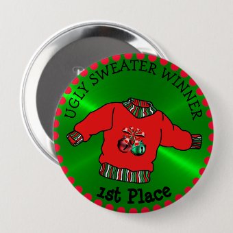 1st Place Ugly Sweater Winner Christmas Gold Medal Button | Zazzle
