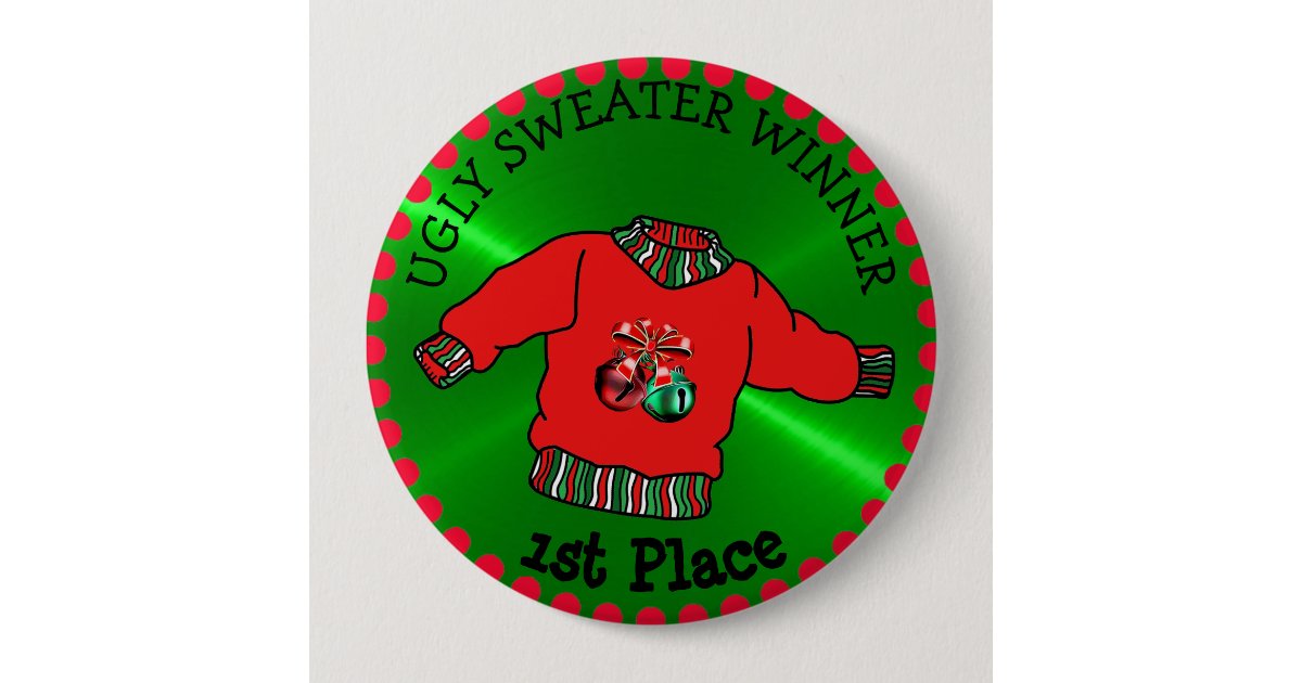 1st Place Ugly Sweater Winner Christmas Gold Medal Button | Zazzle