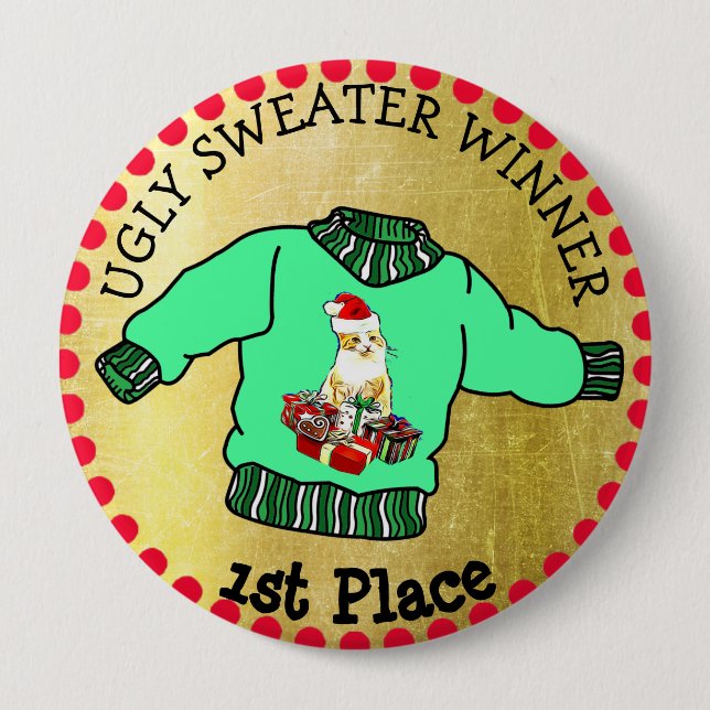 1st Place Ugly Sweater Winner Christmas Gold Medal Button (Front)