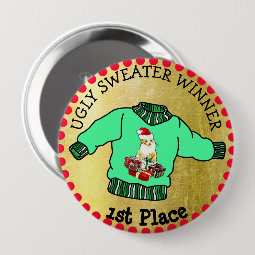 1st Place Ugly Sweater Winner Christmas Gold Medal Button | Zazzle