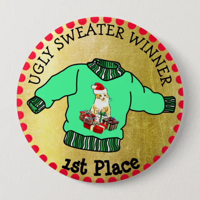 1st Place Ugly Sweater Winner Christmas Gold Medal Button Zazzle