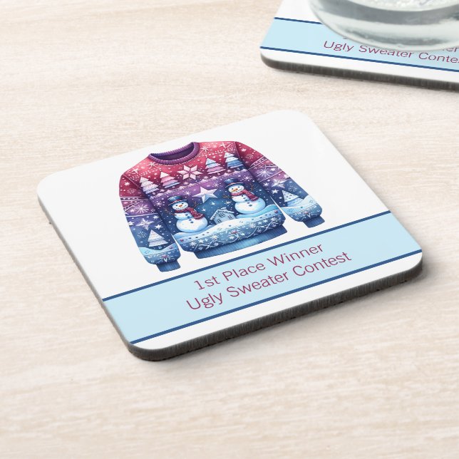 1st Place Winner Ugly Sweater Blue Red Purple Beverage Coaster (Left Side)