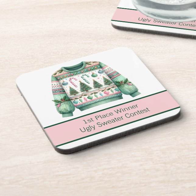 1st Place Winner Ugly Sweater Contest Green Pink Beverage Coaster (Left Side)