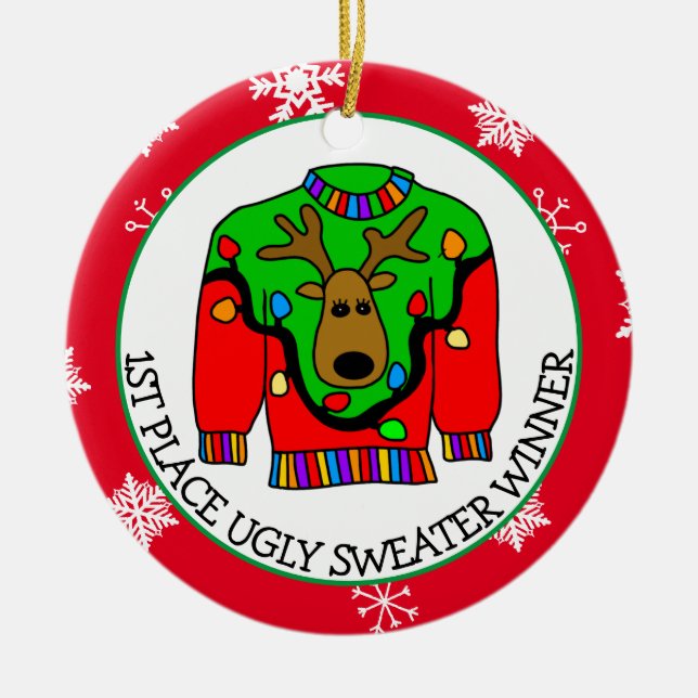 1st Place Winner Ugly Sweater Contest Medal  Ceramic Ornament (Front)