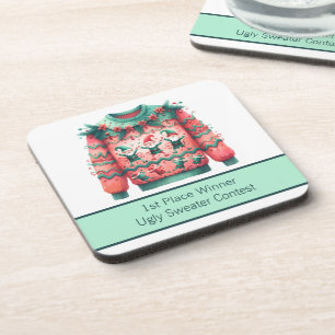 1st Place Winner Ugly Sweater Contest Pink Green Beverage Coaster