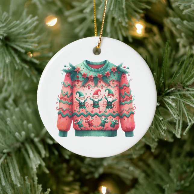 1st Place Winner Ugly Sweater Contest Pink Green Ceramic Ornament (Tree)