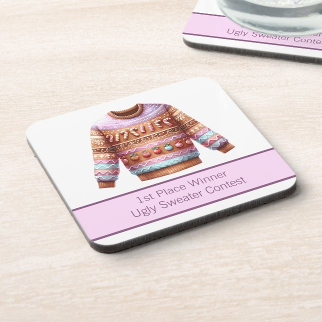 1st Place Winner Ugly Sweater Contest Pink Purple Beverage Coaster (Left Side)