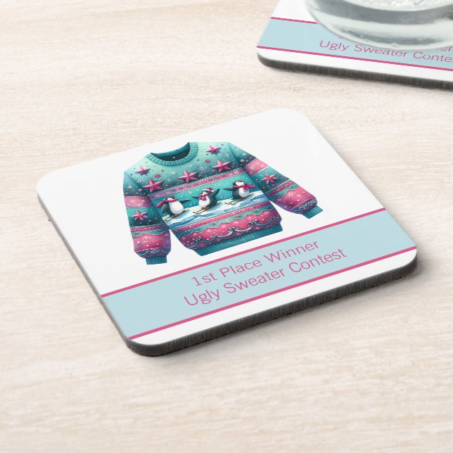 1st Place Winner Ugly Sweater Contest Pink Teal Beverage Coaster (Left Side)