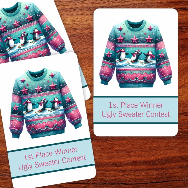 1st Place Winner Ugly Sweater Contest Pink Teal  Poker Cards (Creator Uploaded)