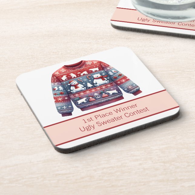 1st Place Winner Ugly Sweater Contest Red Blue Beverage Coaster (Left Side)