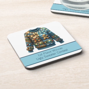 1st Place Winner Ugly Sweater Contest Tree Lights Beverage Coaster