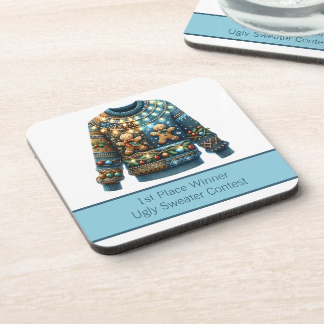 1st Place Winner Ugly Sweater Contest Tree Lights Beverage Coaster (Left Side)