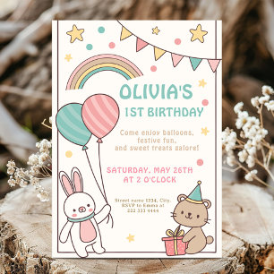 1st Rainbow Bunny Birthday Celebration Invitation