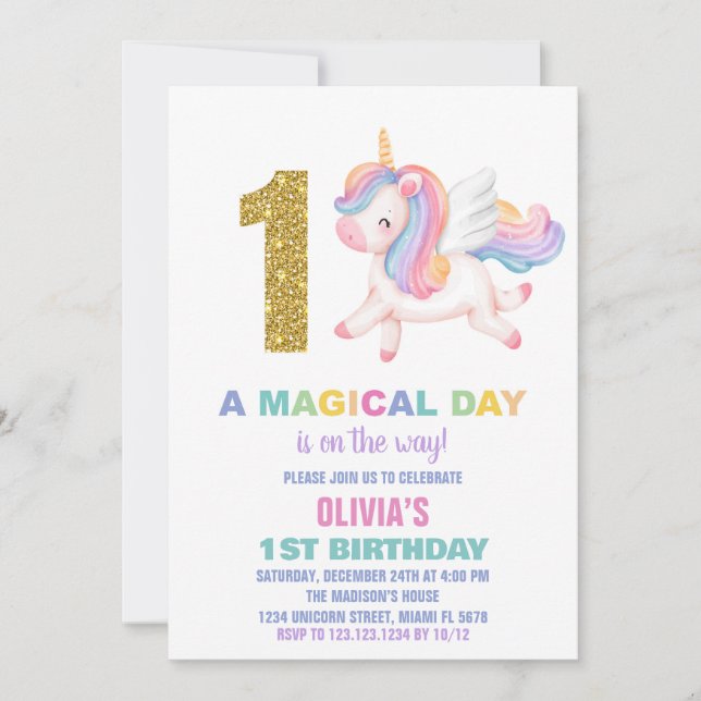 1st Rainbow Unicorn Birthday Invitations (Front)