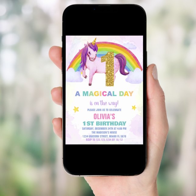1st Rainbow Unicorn Birthday Invitations Cloud (Front Digital)