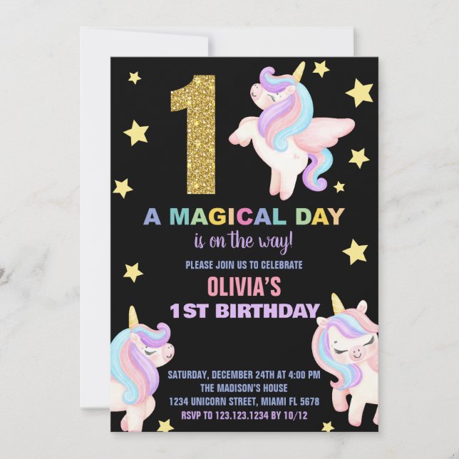 1st Rainbow Unicorn Birthday Invitations Fly (Front)