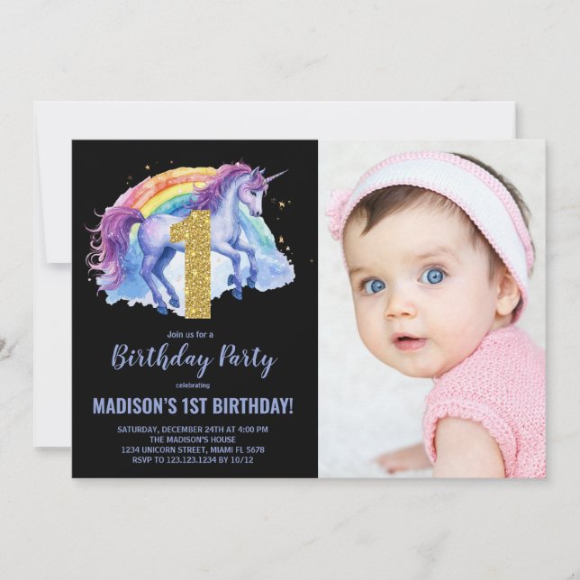 1st Rainbow Unicorn Birthday Invitations photo (Front)