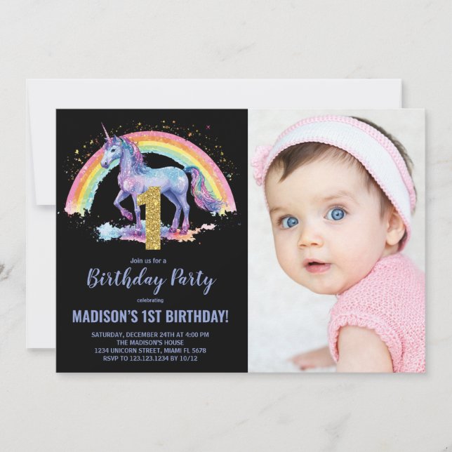 1st Rainbow Unicorn Birthday Invitations photo (Front)