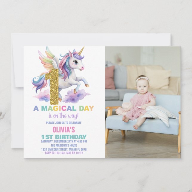 1st Rainbow Unicorn Birthday Invitations w photo (Front)