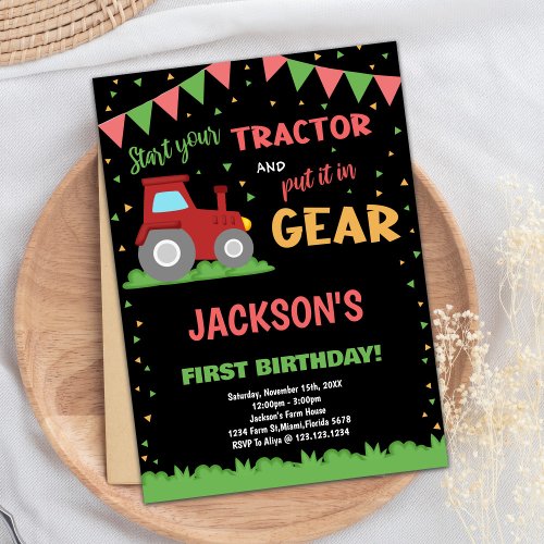 1st Red Flags Tractor Birthday Invitations