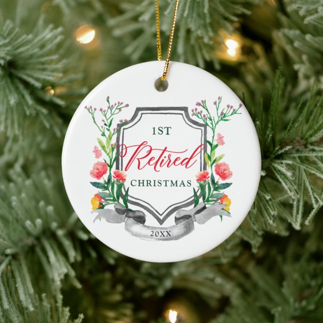 1st Retired Christmas Personalized Floral Greenery Ceramic Ornament (Tree)