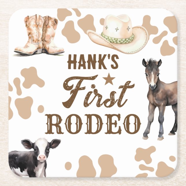 1st Rodeo Birthday Boy Western Square Paper Coaster (Front)