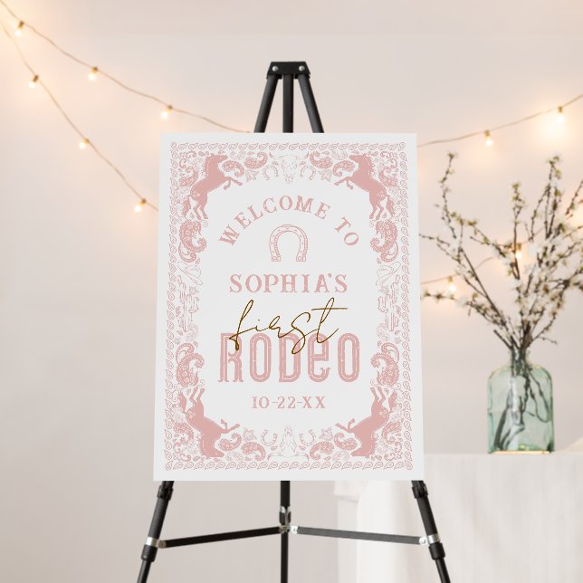 1st Rodeo Birthday Welcome Sign – Pink Western Cow (In Situ (Stand))