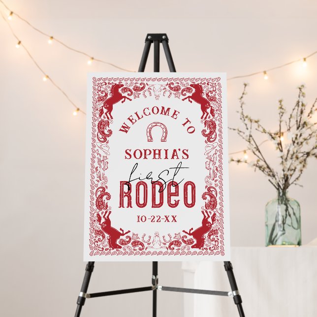 1st Rodeo Birthday Welcome Sign – Red Western Cowb (In Situ (Stand))