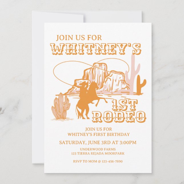 1st Rodeo, First Rodeo Birthday, Cowgirl Birthday Invitation (Front)