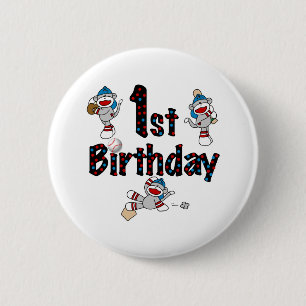 1st Sock Monkey Baseball Birthday Button