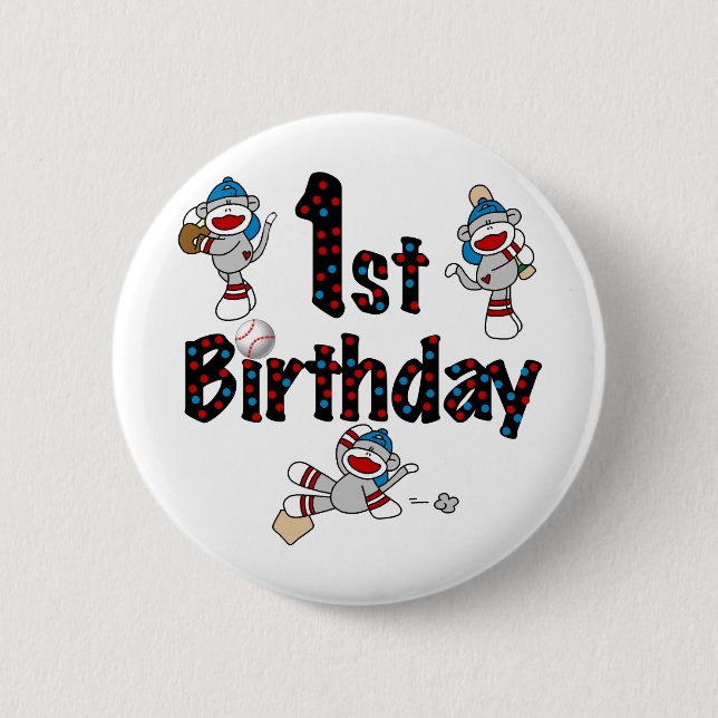 1st Sock Monkey Baseball Birthday Pinback Button (Front)