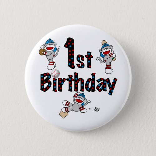 1st Sock Monkey Baseball Birthday Pinback Button