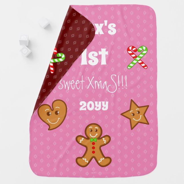 1st sweet XmaS Gingerbread Pals Custom Text Pink Baby Blanket (In Situ)