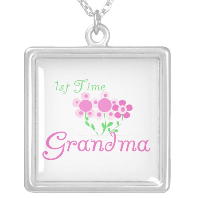 1st Time Grandma Pink Flowers Gifts Silver Plated Necklace (Front)