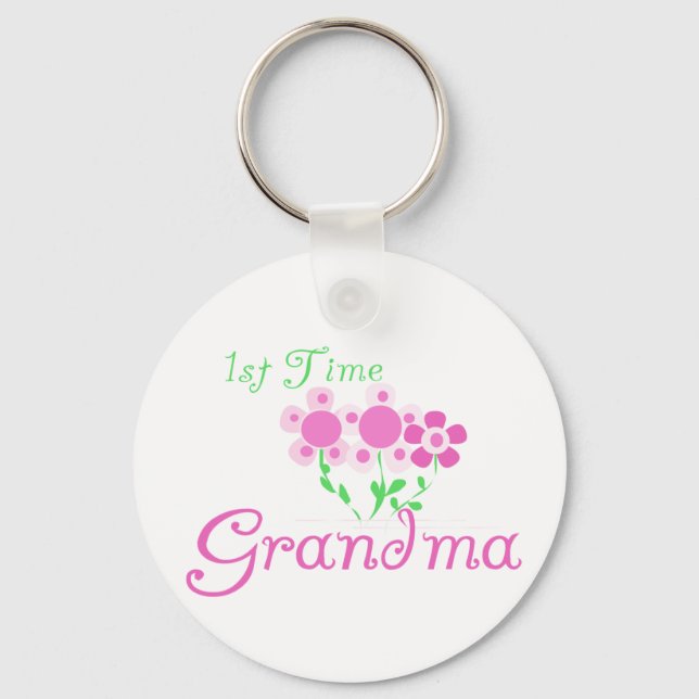 1st  Time Grandma-Pink Flowers Keychain (Front)