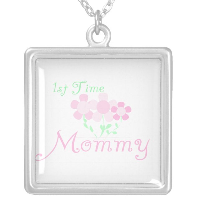 1st Time Mommy Pink Flowers Gifts Silver Plated Necklace (Front)