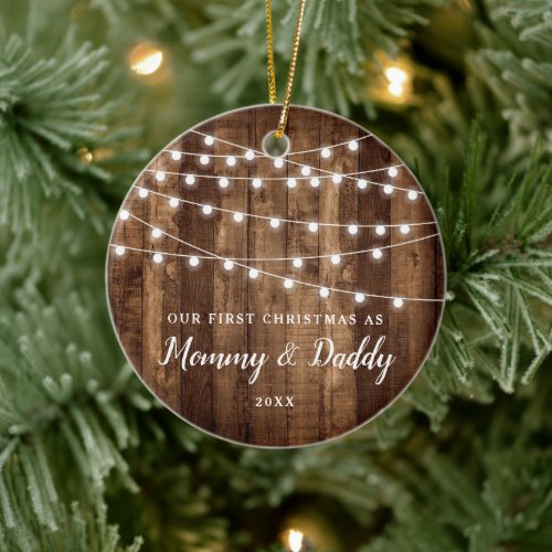 1st Time Parents Personalized Mommy Daddy Rustic Ceramic Ornament