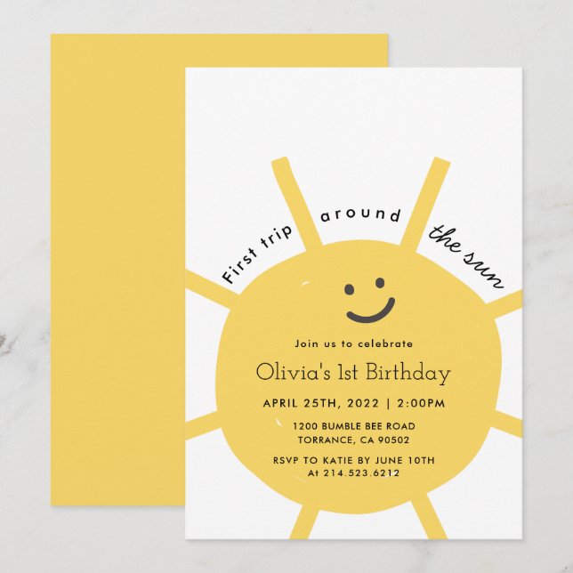 1st Trip Around The Sun First Birthday  Invitation (Front/Back)