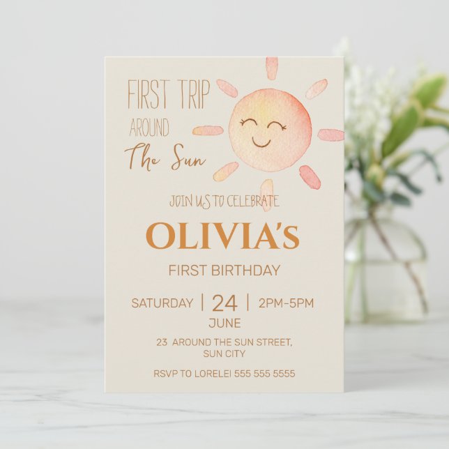 1st Trip Around The Sun Girl Boho First Birthday Invitation (Standing Front)