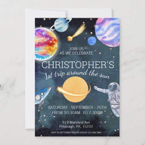 1st Trip Watercolor Outer Space 1st Birthday Boy Invitation