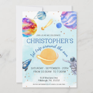 1st Trip Watercolor Outer Space 1st Birthday Boy Invitation