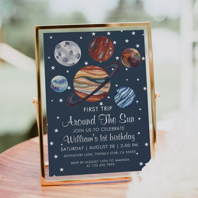 1st Trip Watercolor Outer Space 1st Birthday Boy  Invitation (Creator Uploaded)