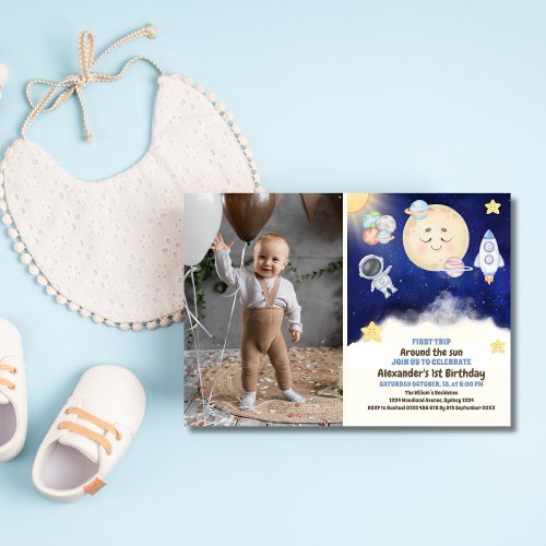 1st Trip Watercolor Outer Space 1st Birthday Boy Invitation