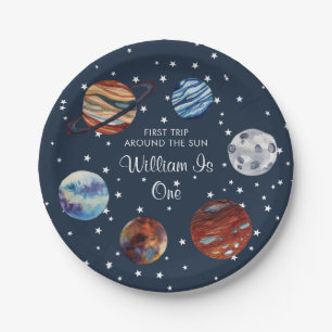 1st Trip Watercolor Outer Space Birthday Paper Plates