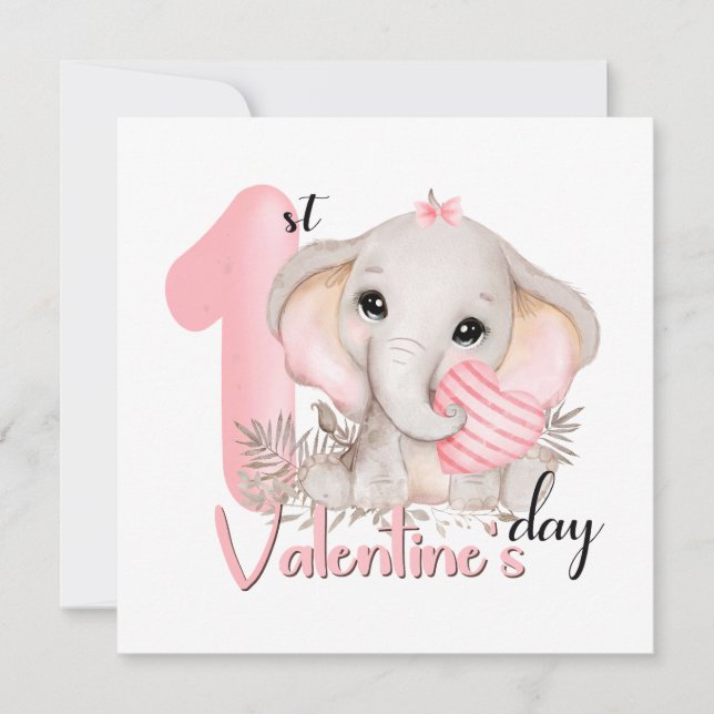1st Valentine's day girl pink elephant Valentines Card (Front)